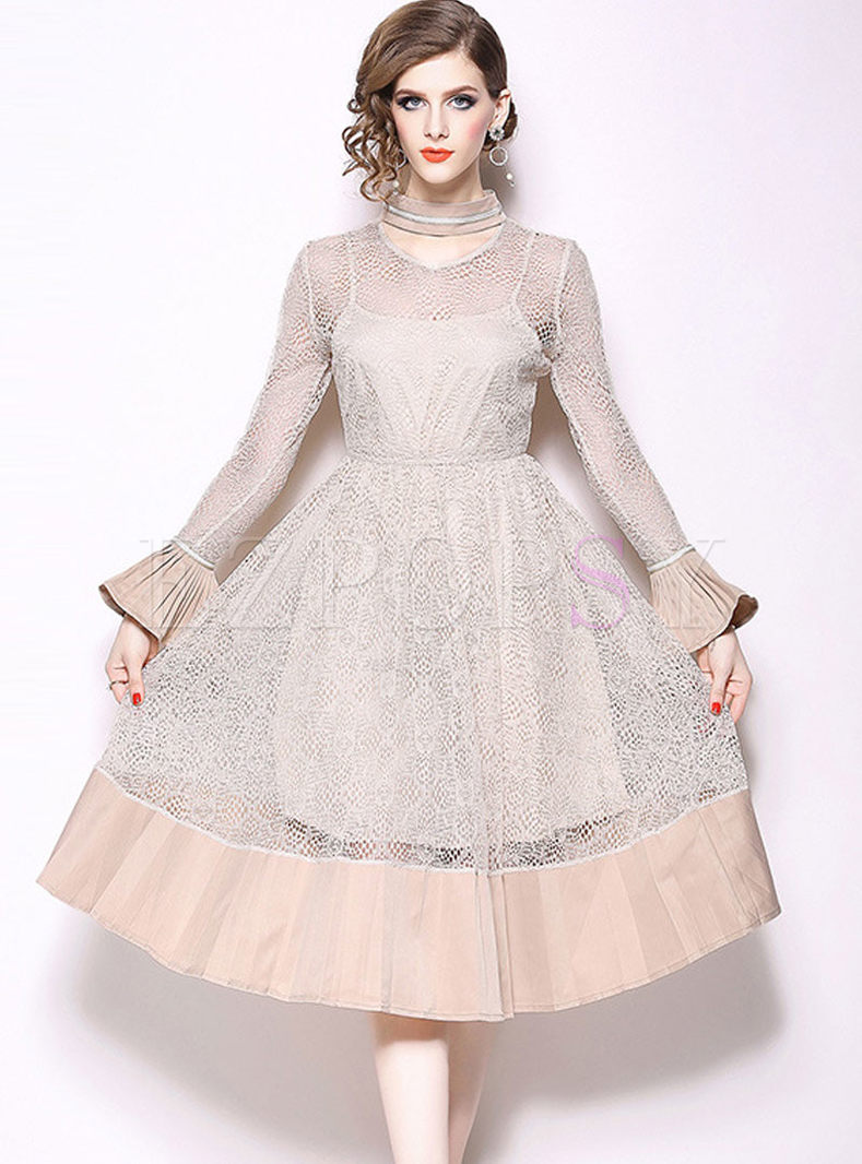 Lace Openwork Patchwork Flare Sleeve Skater Dress