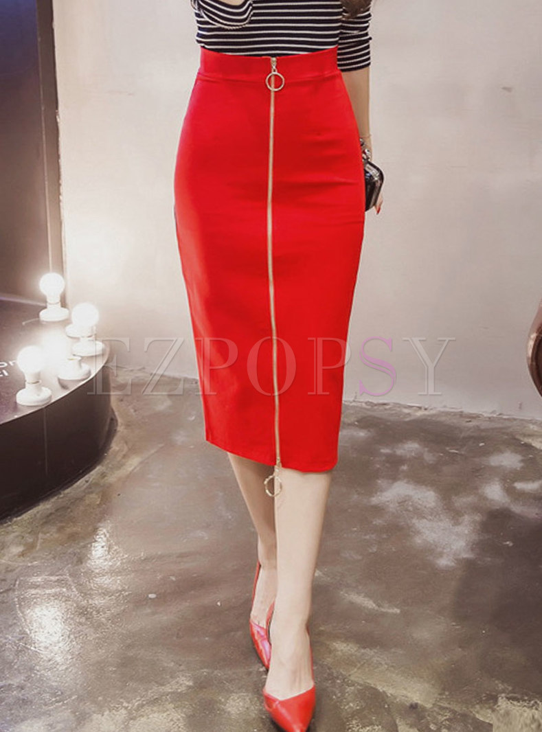 Solid Color High Waisted Pencil Skirt