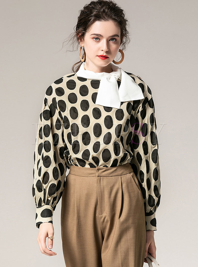 Bowknot Patchwork Polka Dot Pullover Blouse