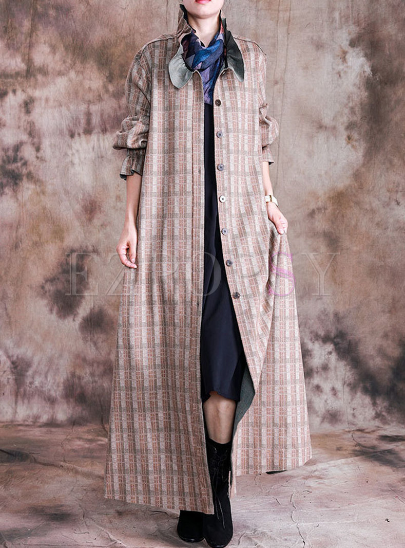 Outwear | Trench Coats | Mock Neck Plaid Long Trench Coat