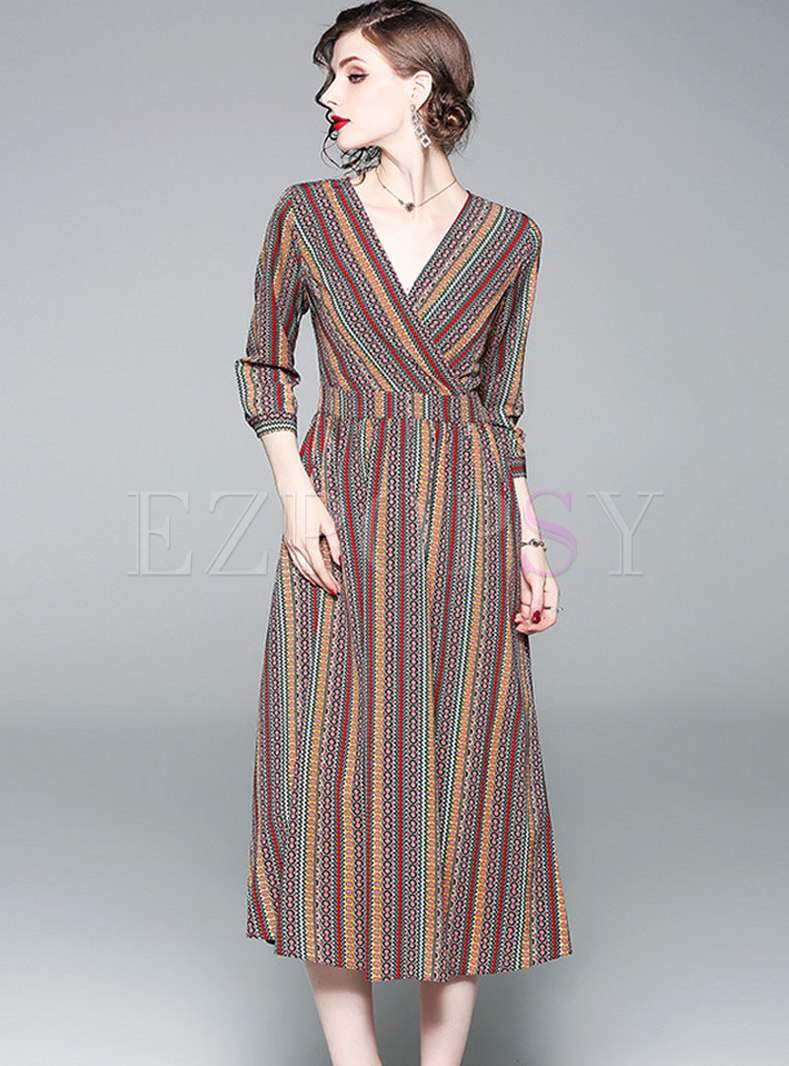 V-neck Striped High Waisted Chiffon Dress