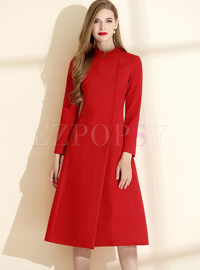Red Long Sleeve Split A Line Dress