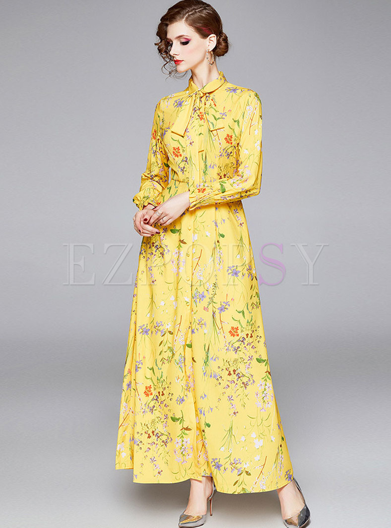 Dresses | Maxi Dresses | Yellow Print Long Sleeve Formal Dress