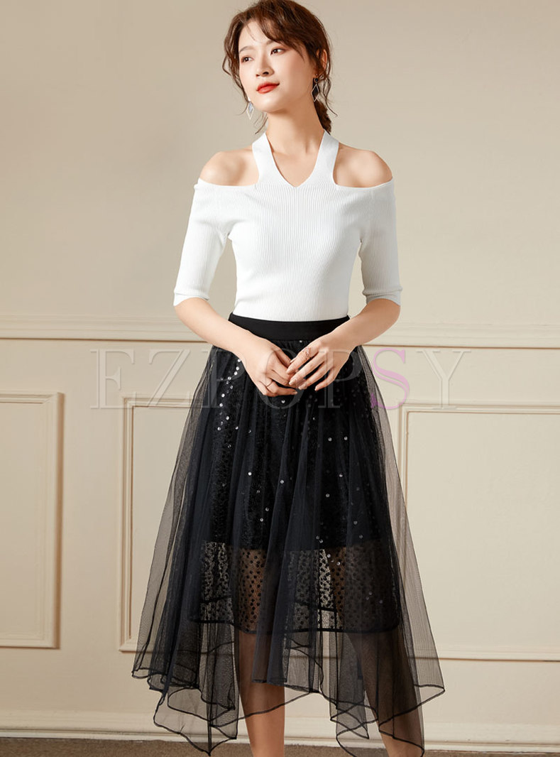 Black High Waisted Sequin Mesh Skirt