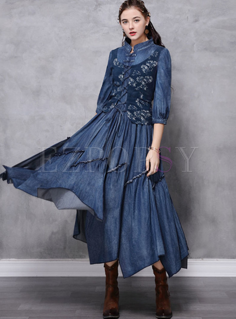 Dresses | Maxi Dresses | Mock Neck Embroidered Denim Long Dress