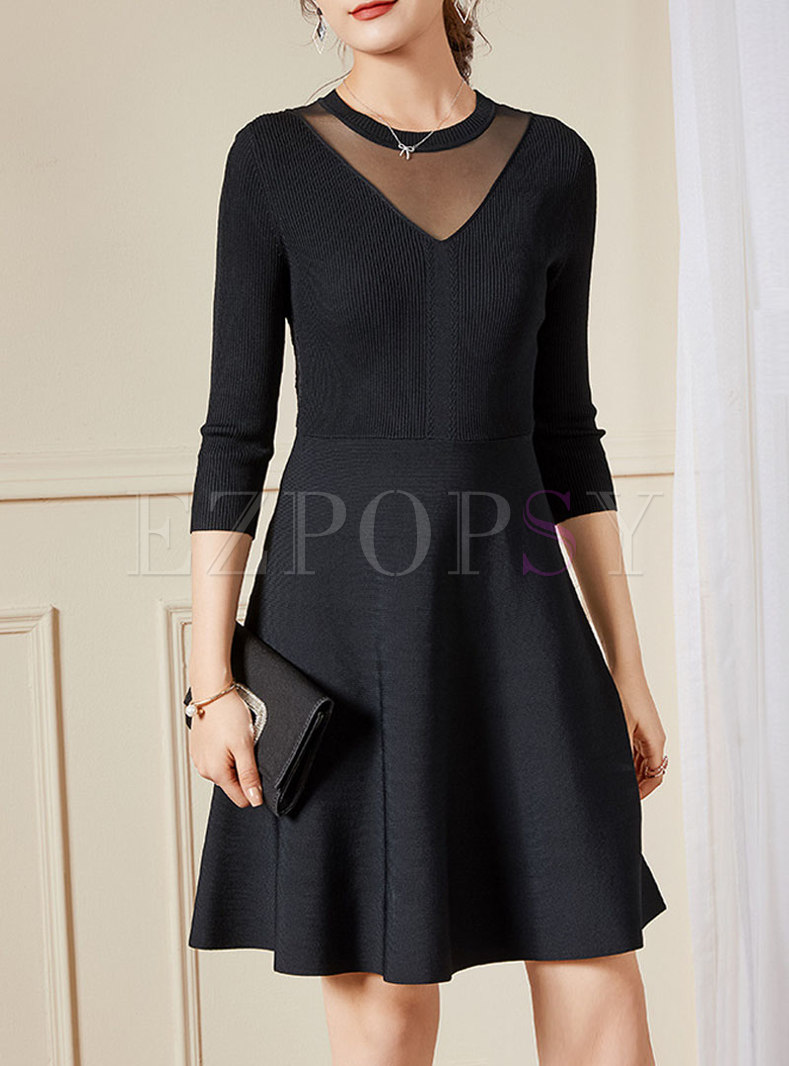 Black Lace Backless A Line Sweater Dress