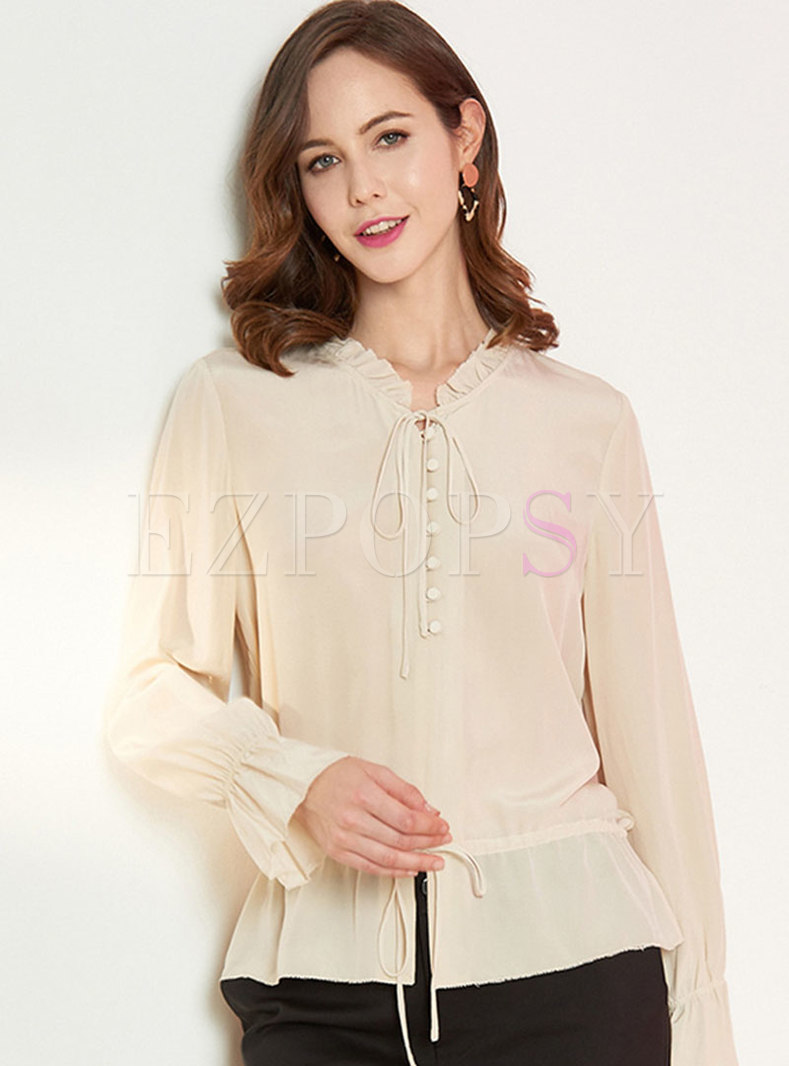 Solid Color Pullover Silk Blouse