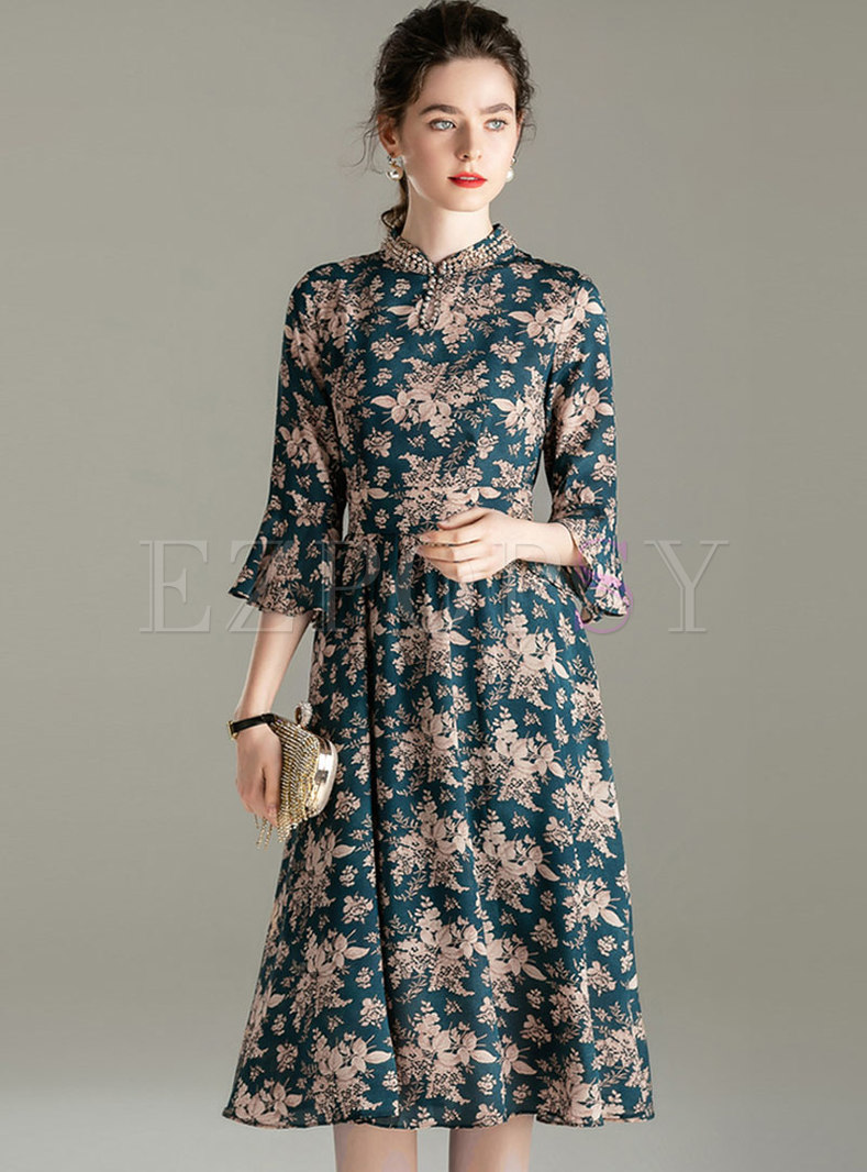 Dresses | Skater Dresses | Mock Neck Flare Sleeve Floral Chiffon Dress