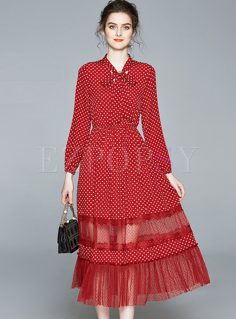 Red Polka Dot Mesh Patchwork Maxi Dress
