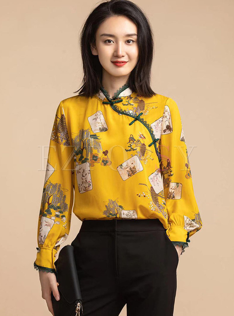 Mandarin Collar Print Silk Blouse