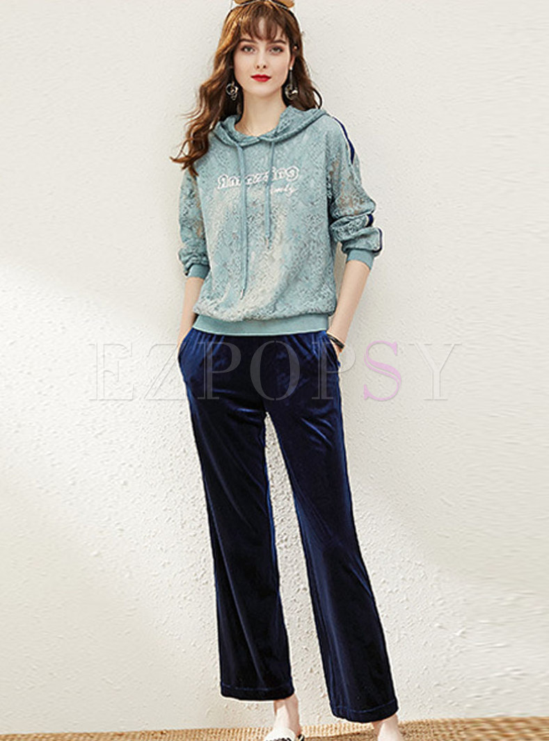 Hooded Lace Pullover Palazzo Pant Suits