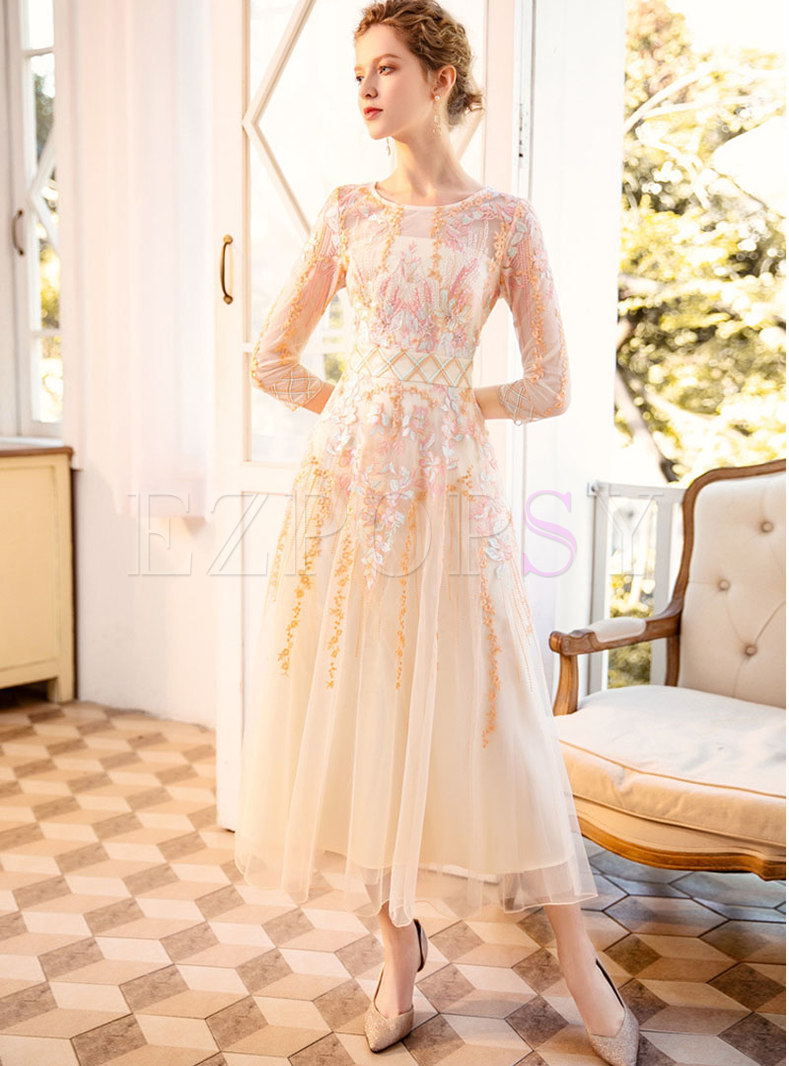 Dresses | Maxi Dresses | Half Sleeve Mesh Embroidered Prom Dress