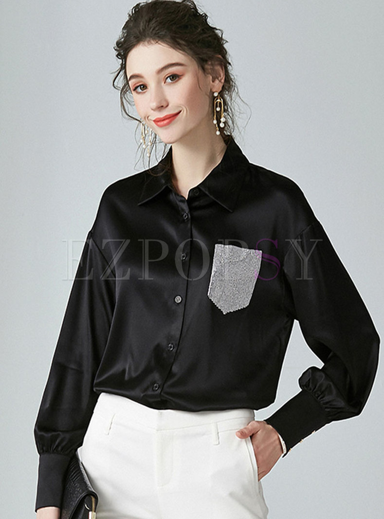Lantern Sleeve Drilled Blouse With Pocket