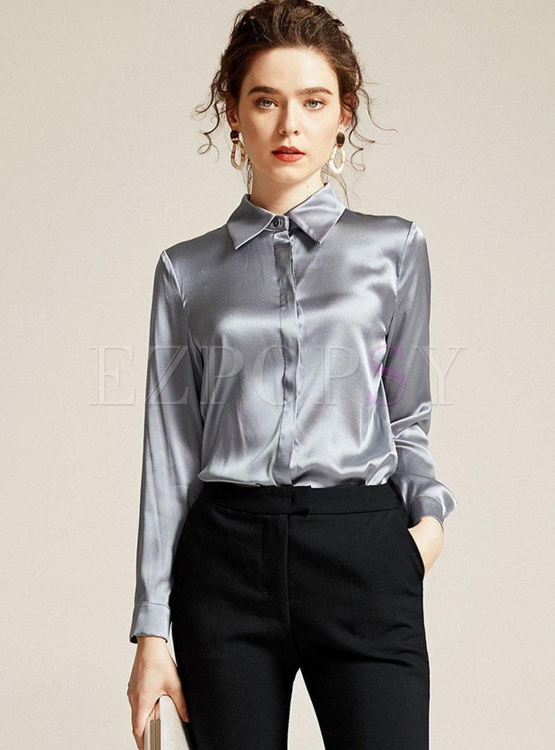 Tops | Blouses | Solid Color Single-breasted Silk Blouse