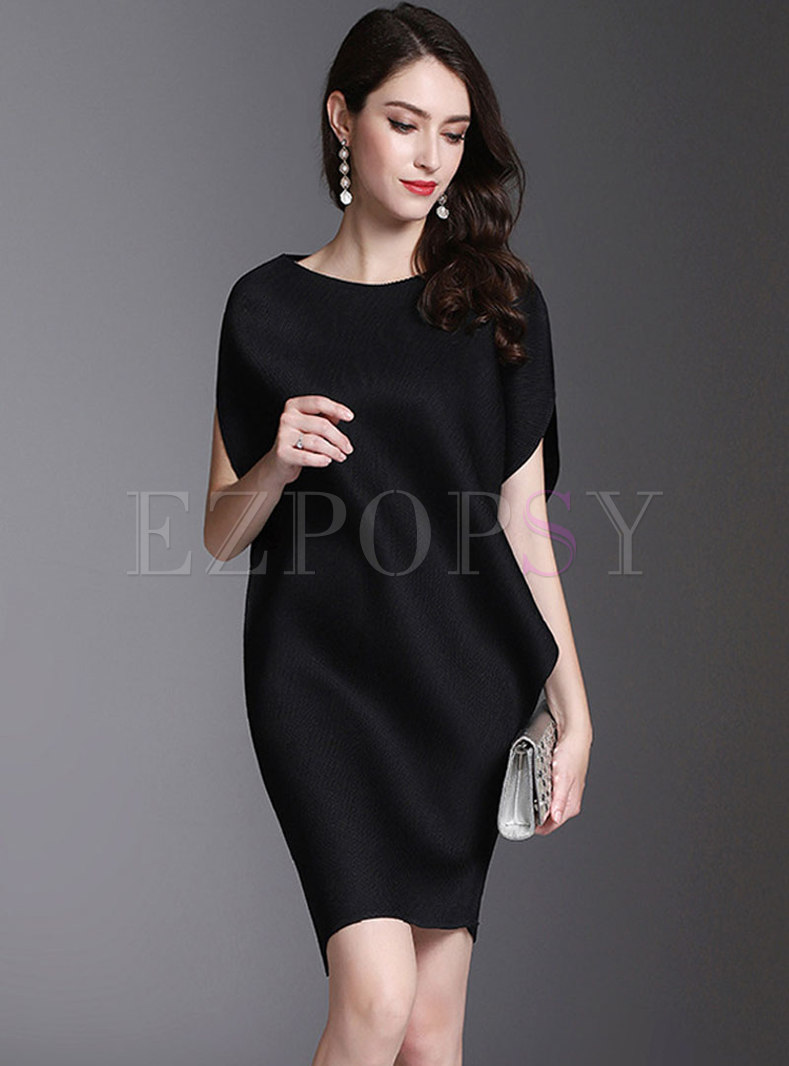 Solid Color O-neck Pleated Dress