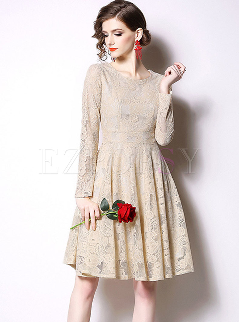 Apricot High Waisted Openwork Lace Dress