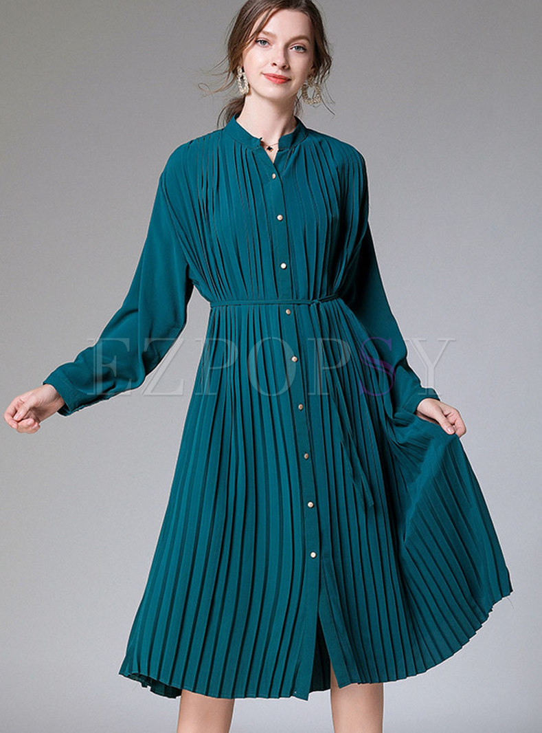 Long Sleeve Single-breasted Pleated Midi Dress