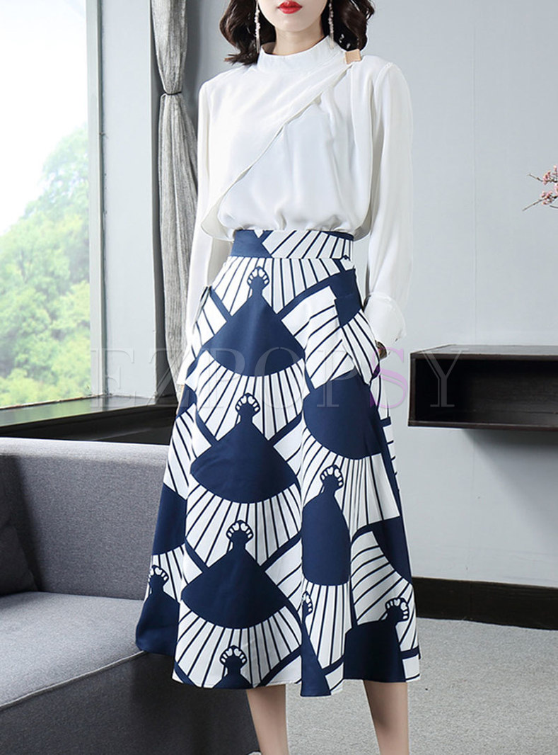 Pullover Asymmetric Print Midi Suit Dress