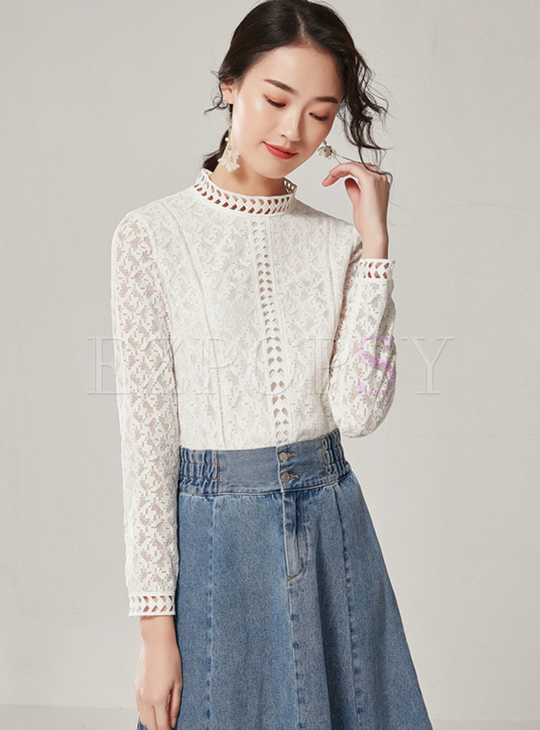 Mock Neck Openwork Lace Pullover Blouse