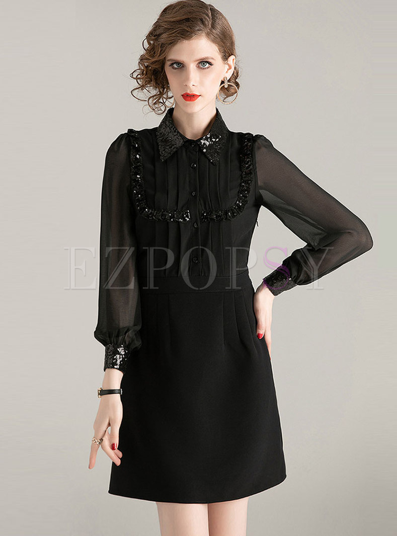 Black Sequin Lantern Sleeve Sheath Dress