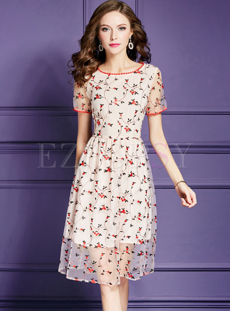 Short Sleeve Mesh Embroidered A Line Dress