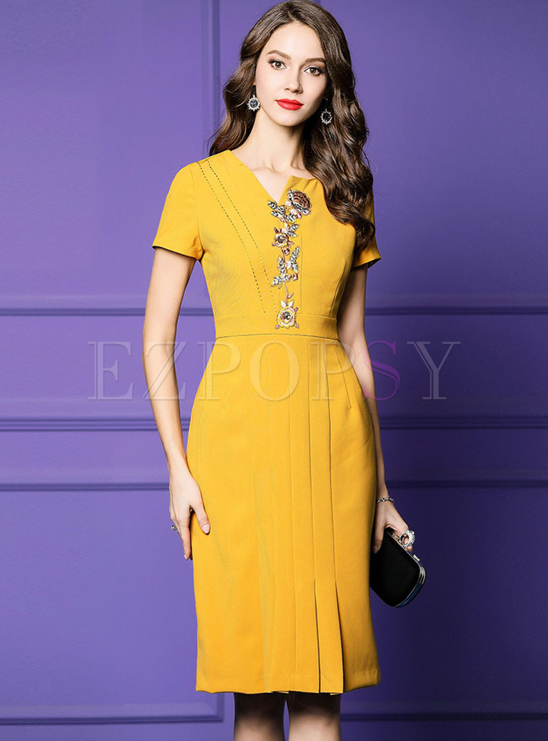 Yellow V-neck Sequin Bodycon Cocktail Dress