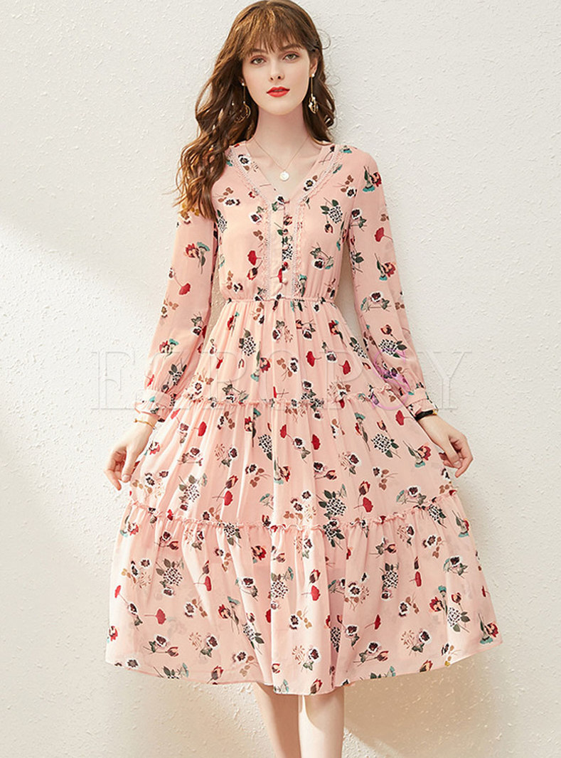 Pink V-neck Long Sleeve Print Chiffon Dress