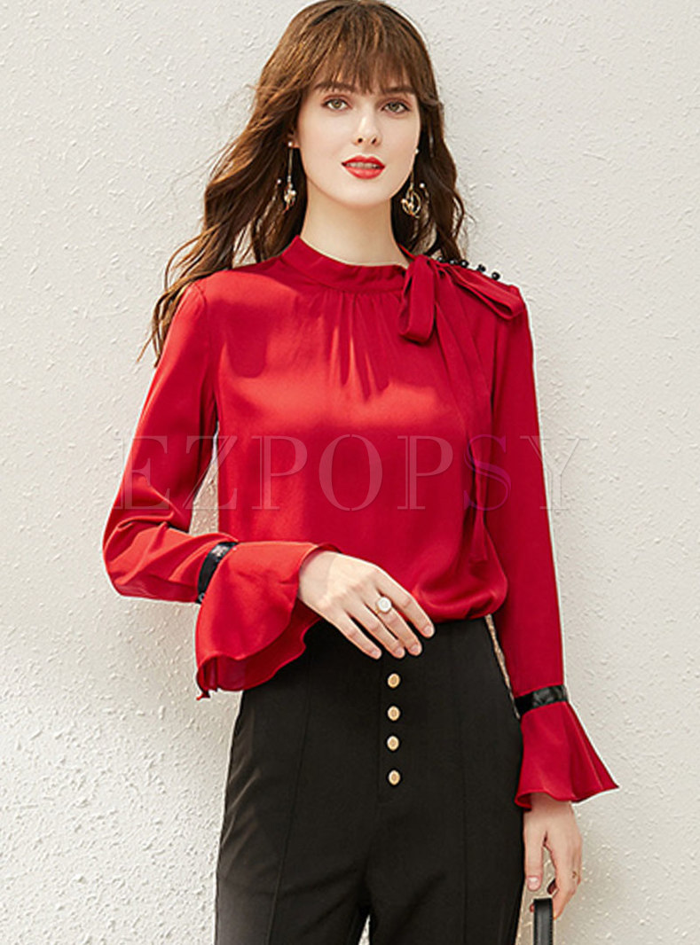 Color-blocked Flare Sleeve Pullover Blouse