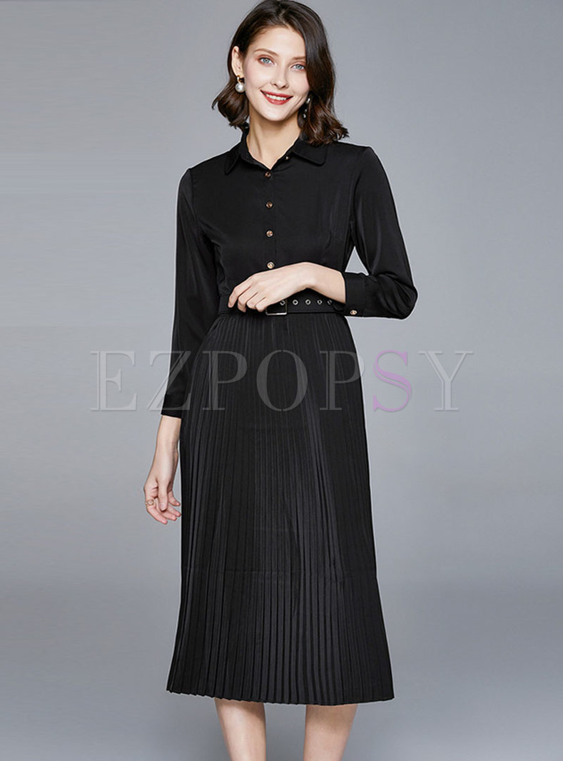 Black Long Sleeve A Line Pleated Dress