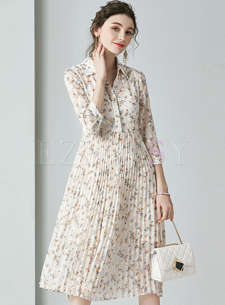 Turn Down Collar Floral Pleated Dress