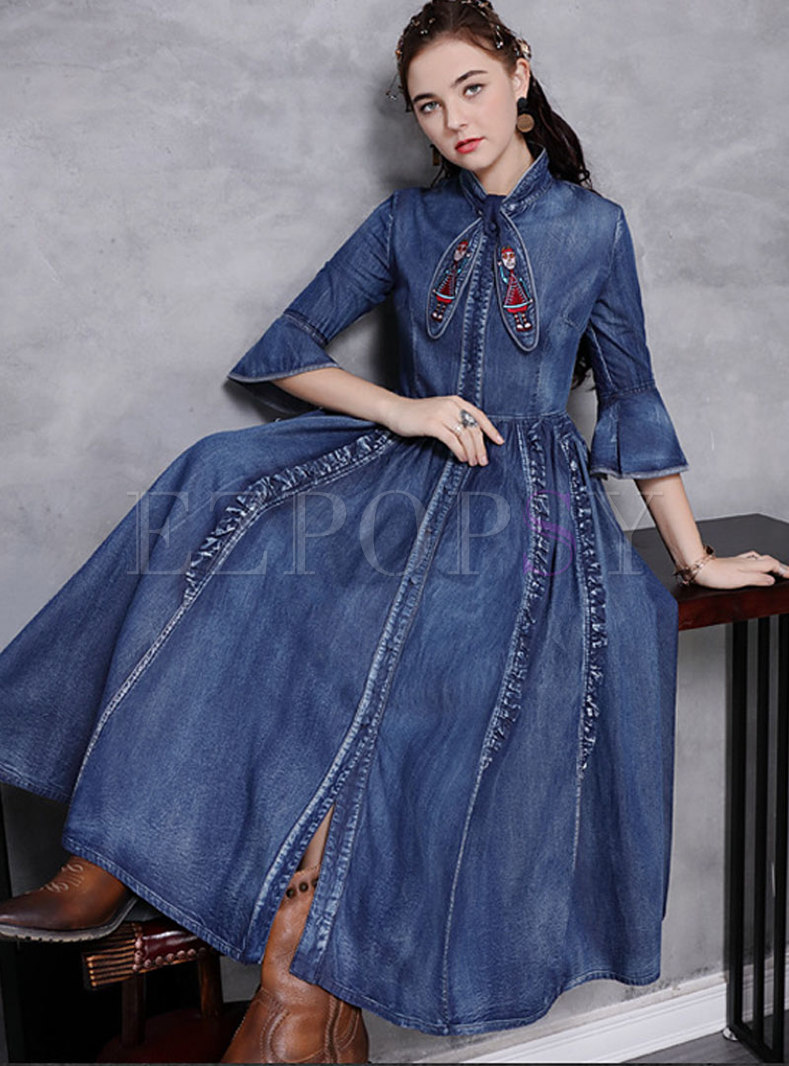 Dresses | Maxi Dresses | Mock Neck Flare Sleeve Denim Maxi Dress