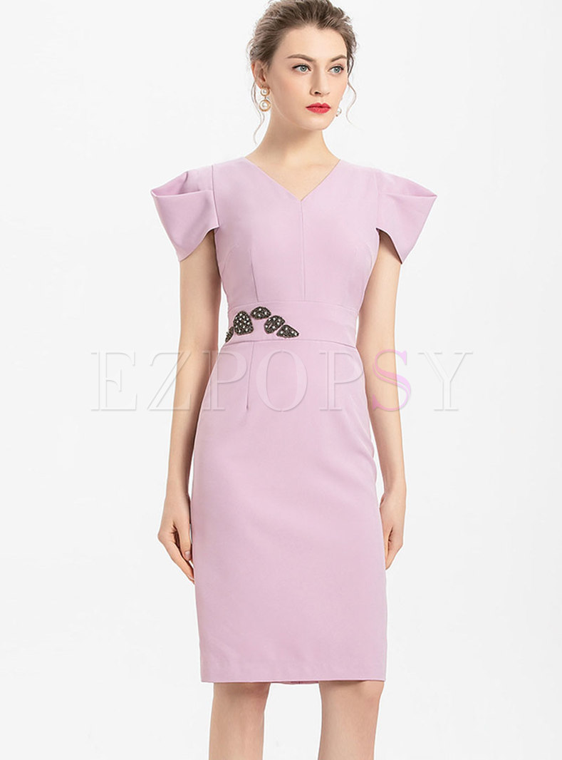 Solid Color V-neck Beaded Cocktail Dress