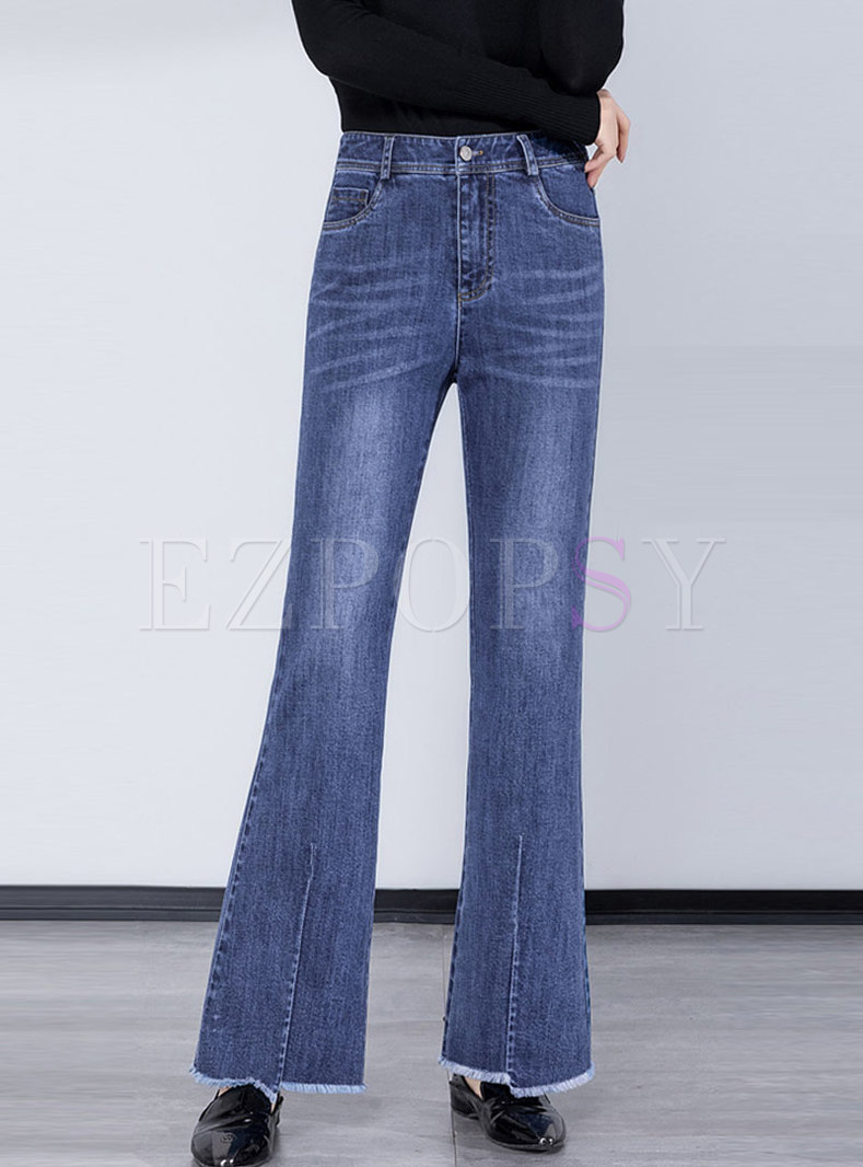 High Waisted Fringed Selvage Flare Jeans