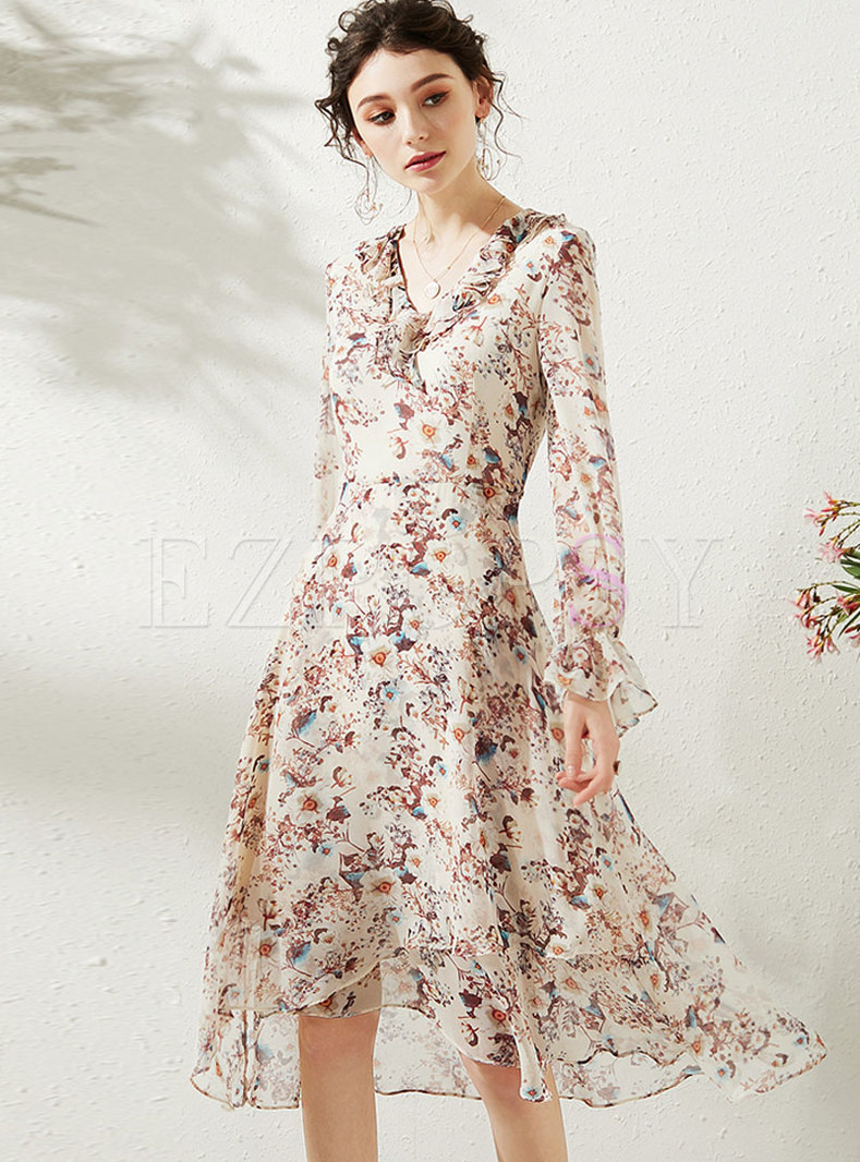 Long Sleeve Floral Asymmetric Midi Dress