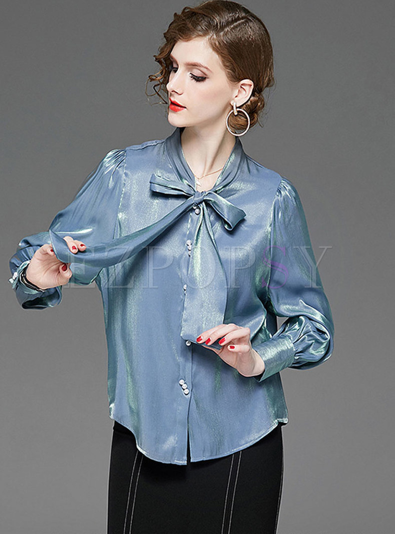 Bowknot Satin Single-breasted Loose Blouse