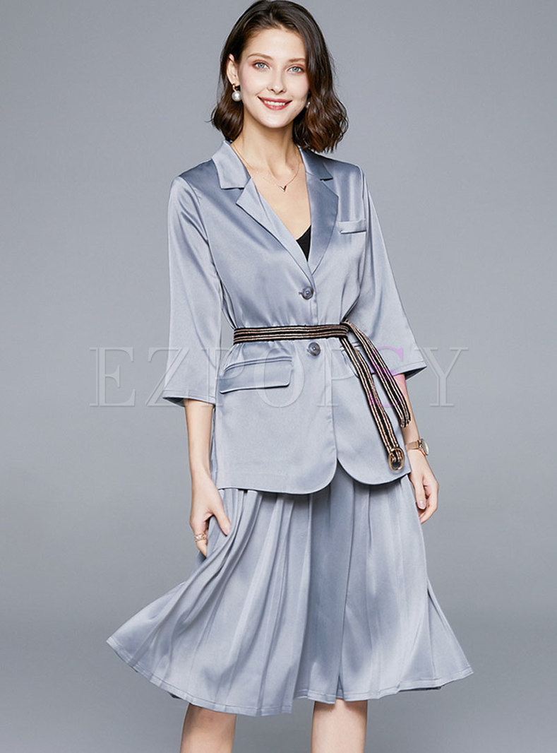 Solid Color Notched A Line Pleated Suit Dress
