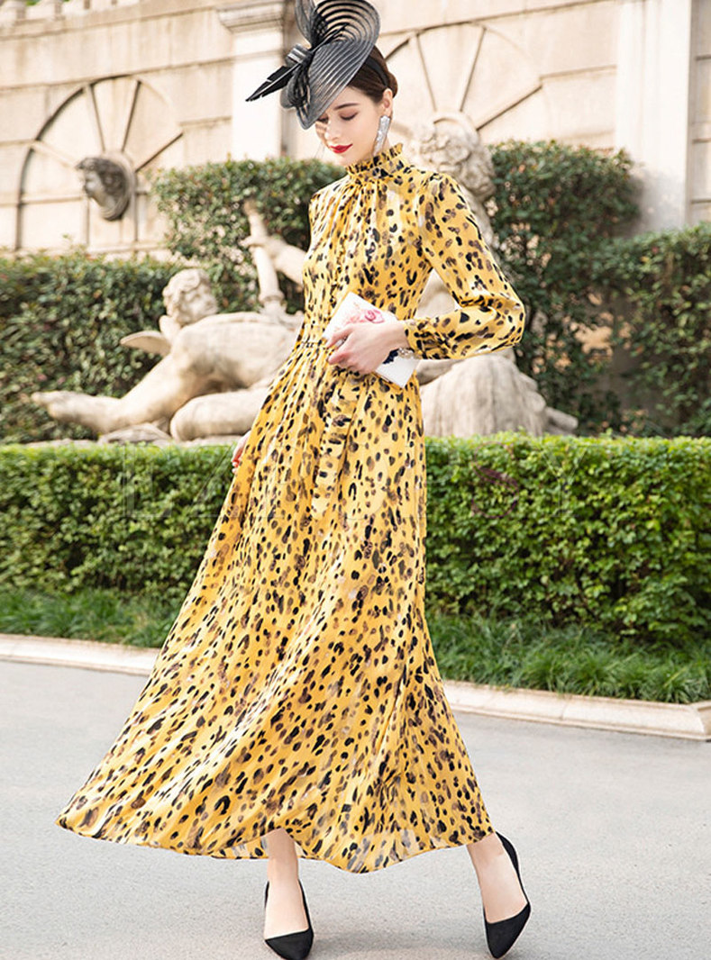Dresses | Maxi Dresses | Yellow Leopard Mock Neck Chiffon Maxi Dress