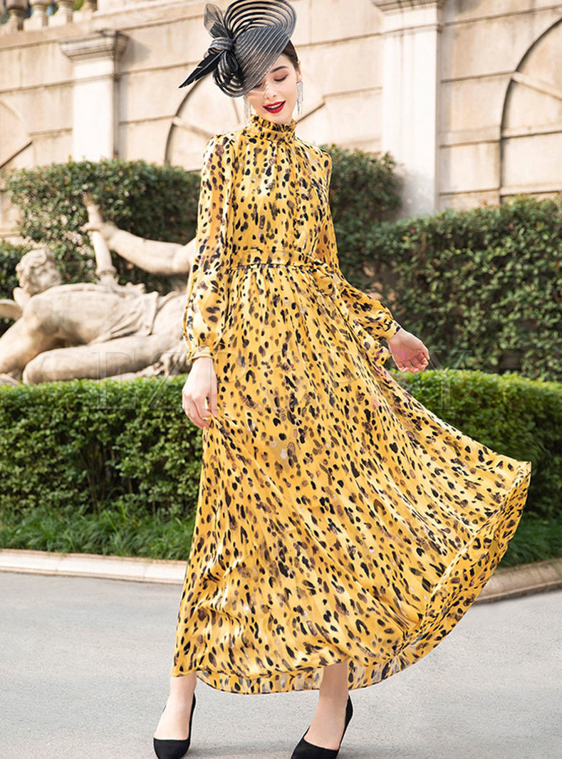 Yellow Leopard Mock Neck Chiffon Maxi Dress