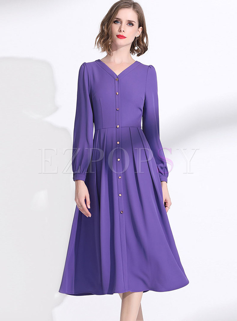 Dresses | Skater Dresses | Purple V-neck High Waisted Midi Dress