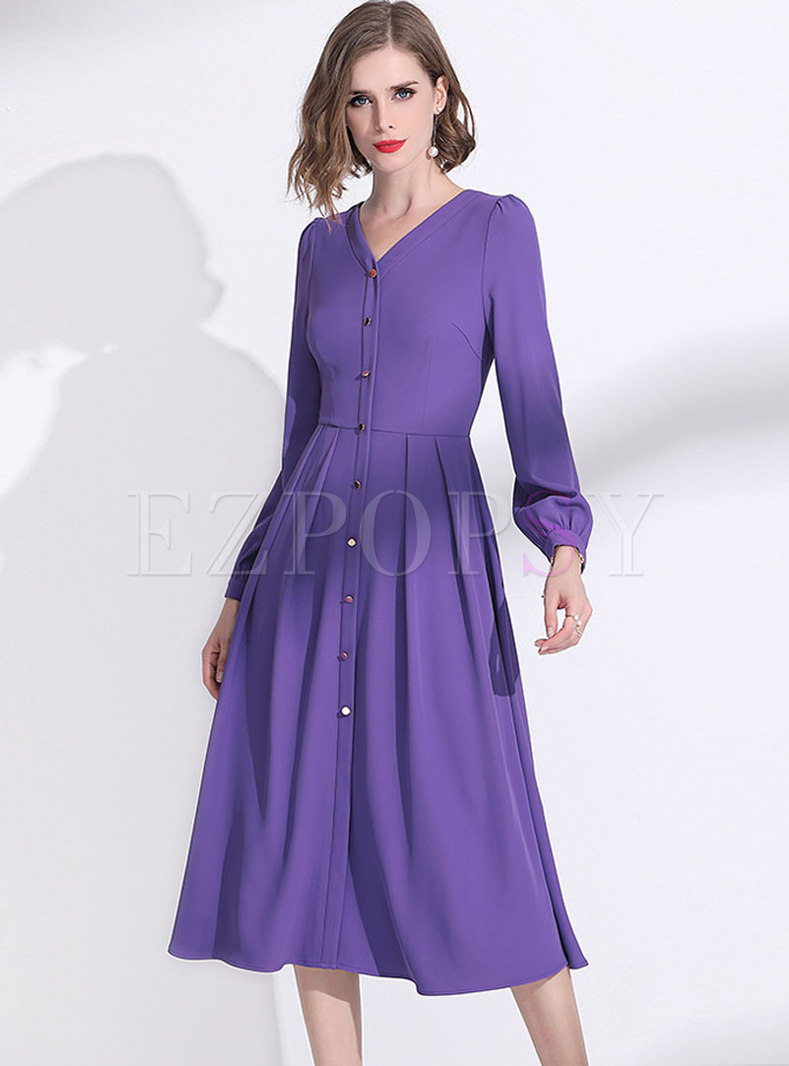 Dresses | Skater Dresses | Purple V-neck High Waisted Midi Dress