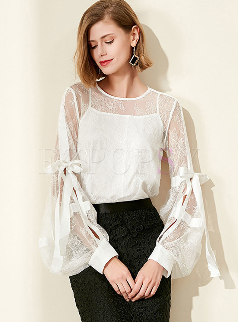 Lace Lantern Sleeve Blouse With Camisole
