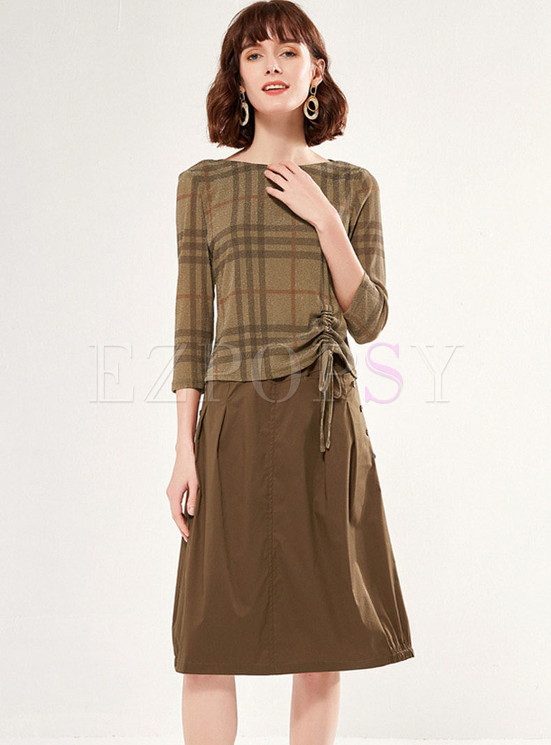 Plaid Pullover Drawcord A Line Suit Dress