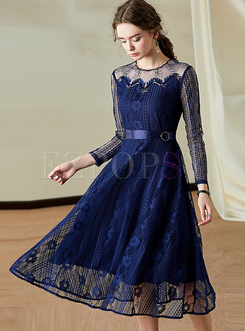 Lace Openwork Belted Midi Dress
