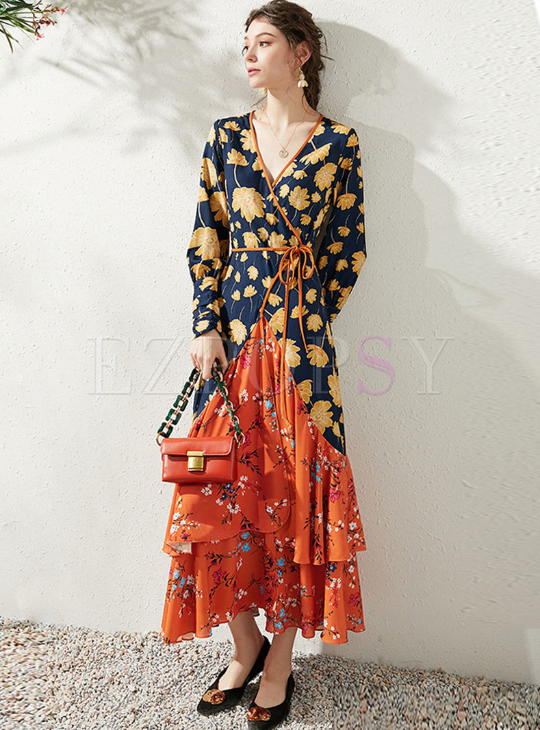 Dresses | Maxi Dresses | Long Sleeve Print Patchwork Beach Maxi Dress