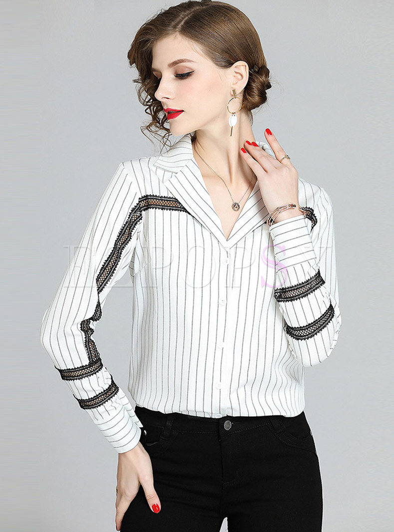 Tops | Blouses | Lace Openwork Patchwork Striped Blouse