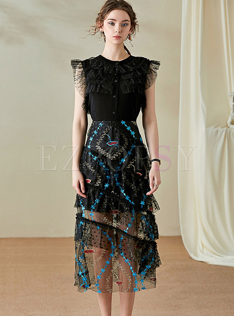 Mesh Patchwork Sequine Cake Skirt Suits