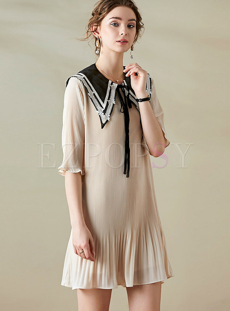 Bowknot Color Block Pleated Shift Dress