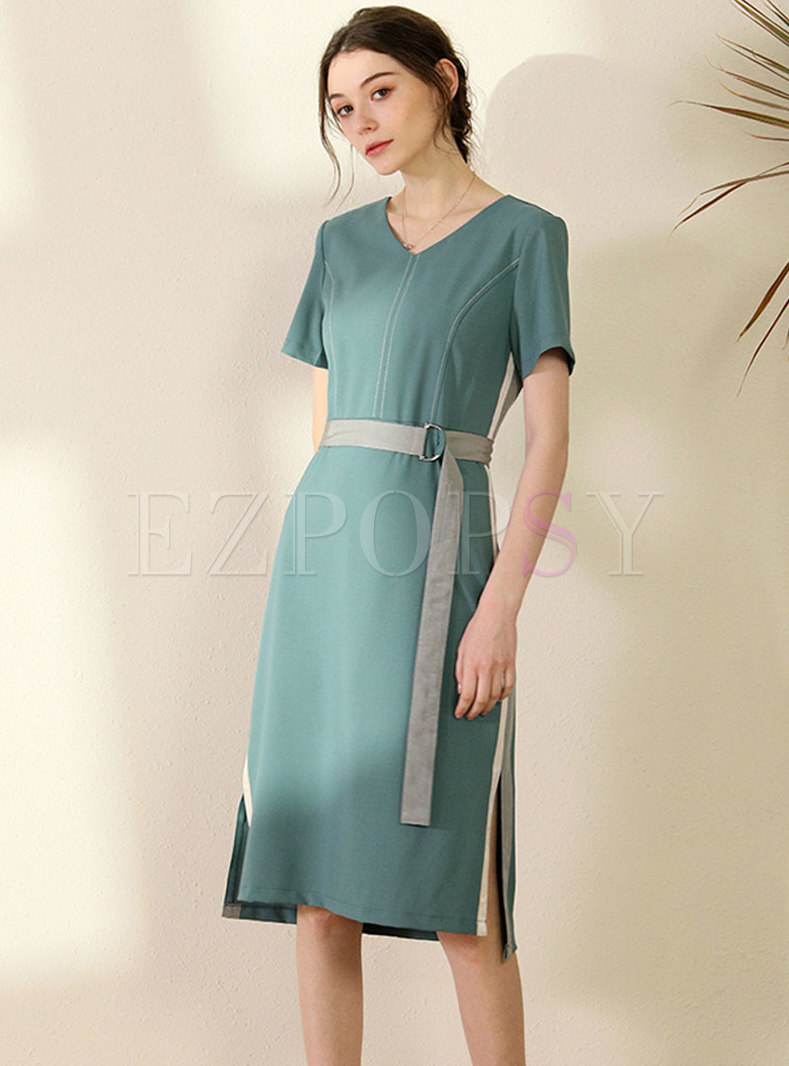 Color Block Belted Slit Bodycon Dress