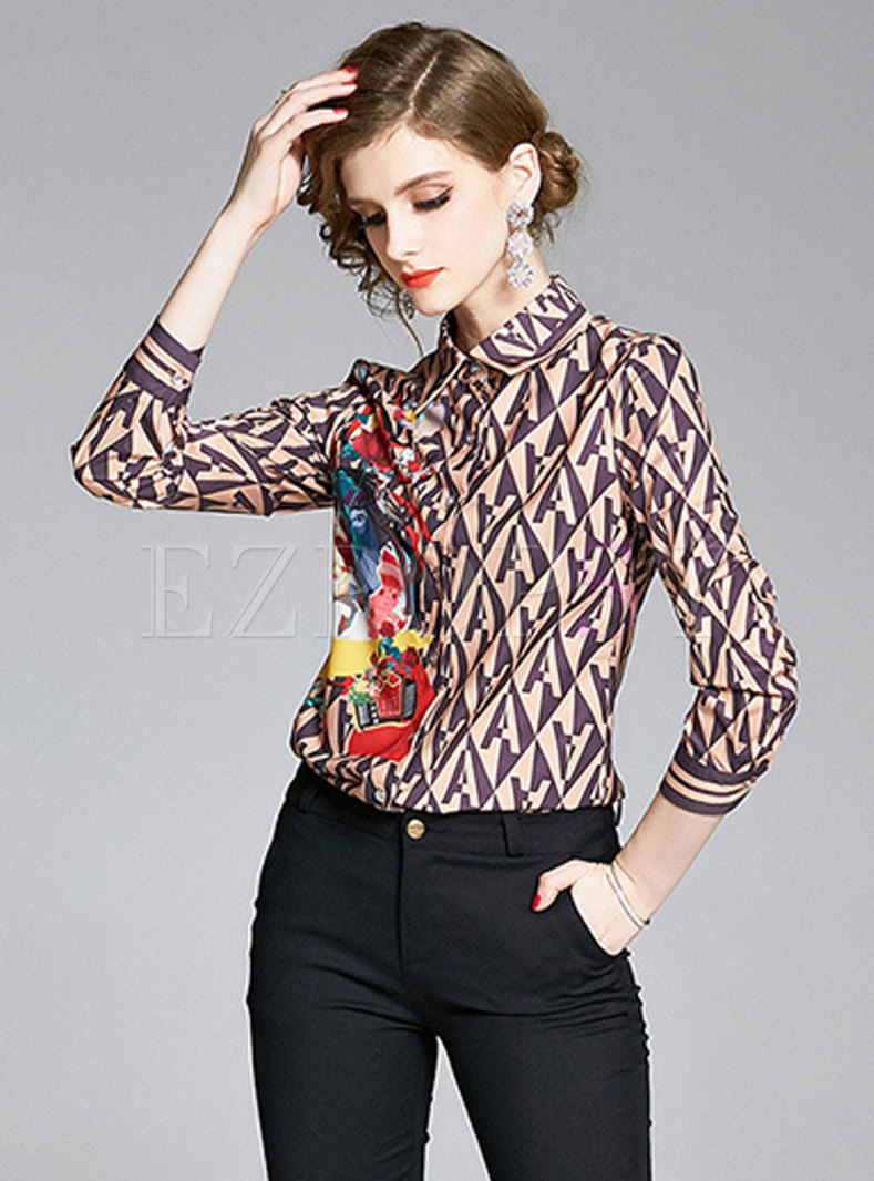 Tops | Blouses | Letter Print Lapel Buttoned Blouse