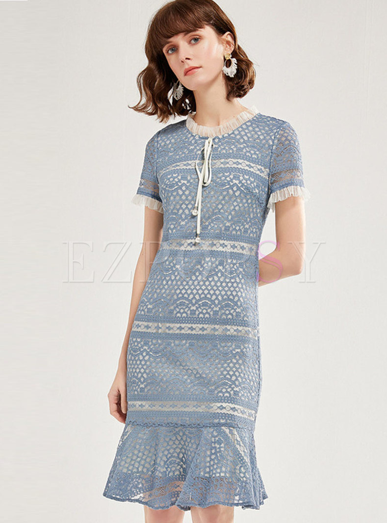 Color Block Bowknot Lace Peplum Dress
